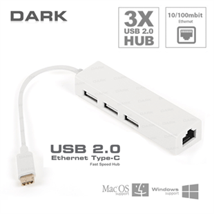 Dark USB3.1 Type-C - 3xUSB2.0 HUB+ 10/100 Ethernet Dönüştürücü